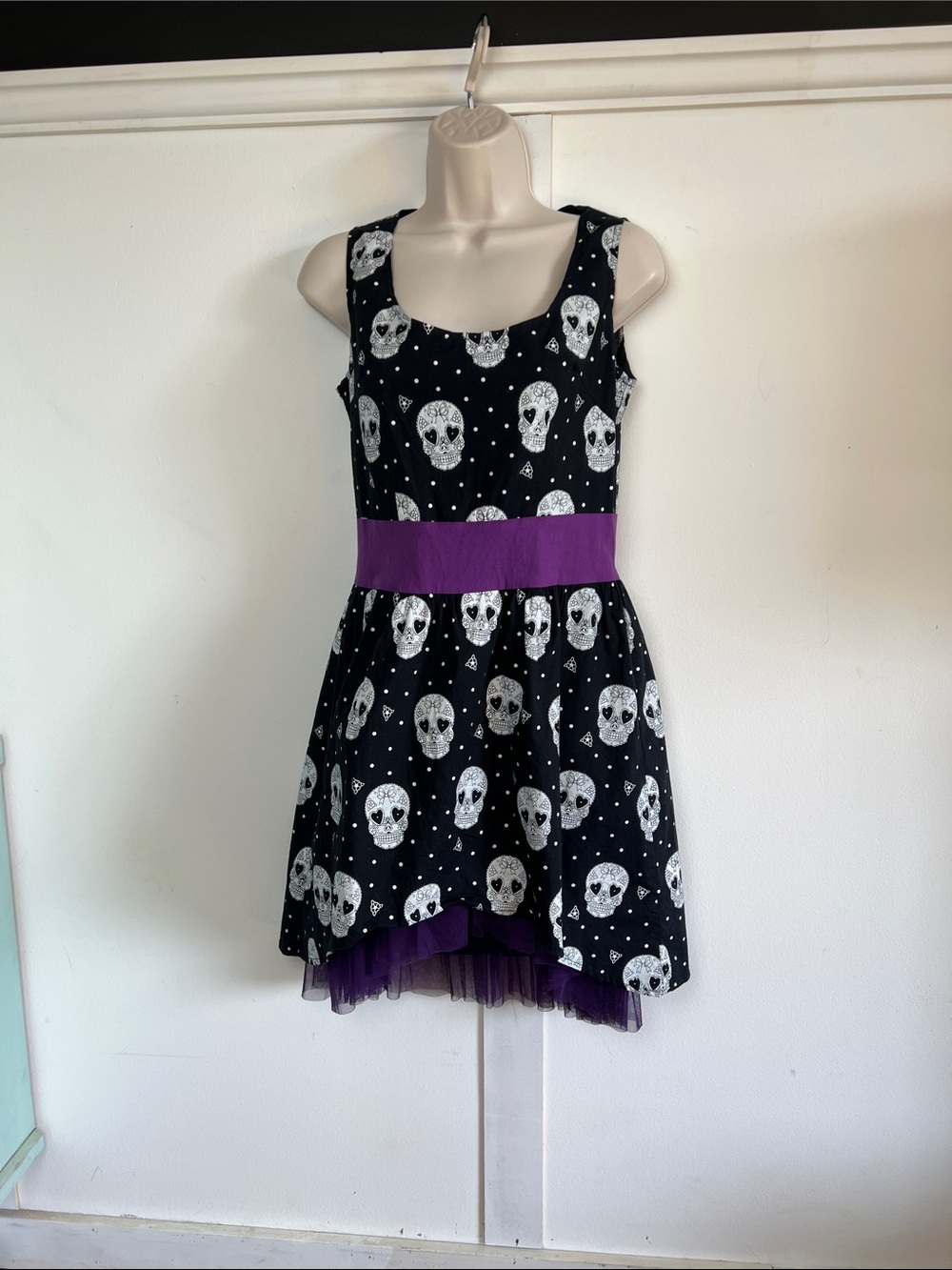 Sourpuss Black Sugar Skull polka dot High-Low Dress with Purple Waistband Y2K